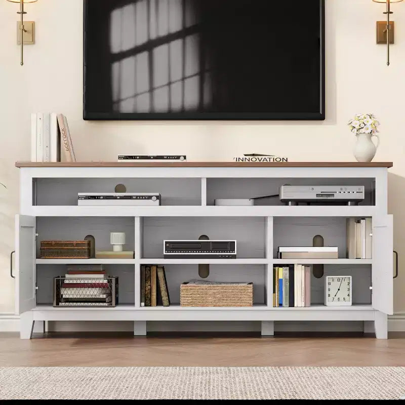Meuble TV moderne de style rustique, 65 pouces, avec console multimédia, meuble à deux portes ouvertes et 8 étagères de rangement