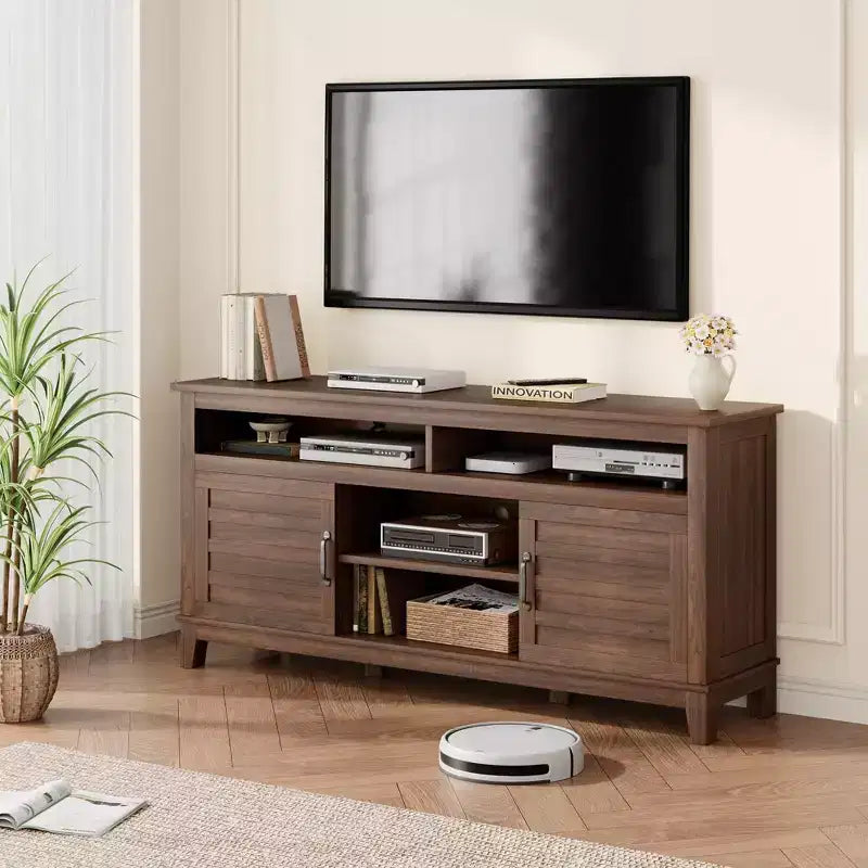Meuble TV moderne de style rustique, 65 pouces, avec console multimédia, meuble à deux portes ouvertes et 8 étagères de rangement