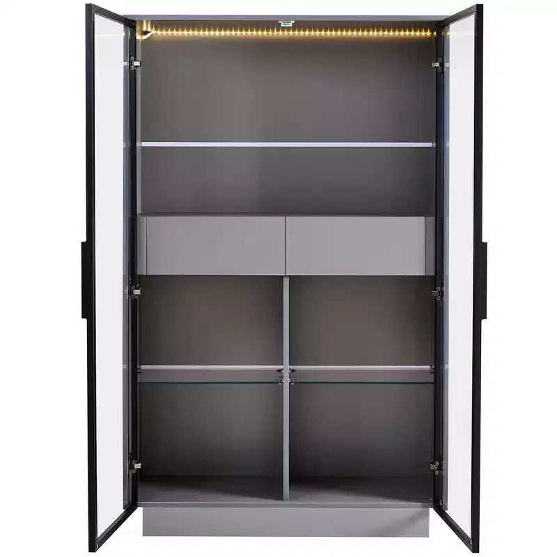 Okak Bahut autoportant avec porte vitrée et LED, vitrine 4 étagères avec 2 tiroirs pour salon cuisine
