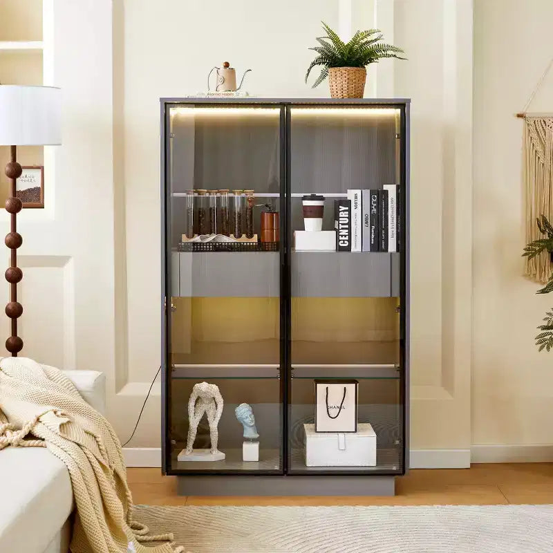 Okak Bahut autoportant avec porte vitrée et LED, vitrine 4 étagères avec 2 tiroirs pour salon cuisine