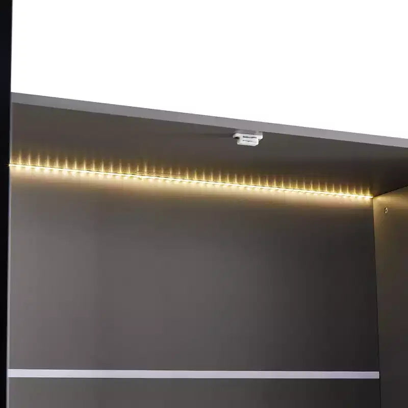 Okak Bahut autoportant avec porte vitrée et LED, vitrine 4 étagères avec 2 tiroirs pour salon cuisine