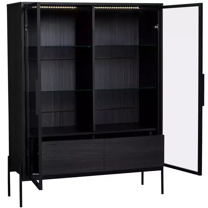 Okak Bahut autoportant avec porte vitrée et LED, vitrine 4 étagères avec 2 tiroirs pour salon cuisine