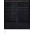 Okak Bahut autoportant avec porte vitrée et LED, vitrine 4 étagères avec 2 tiroirs pour salon cuisine