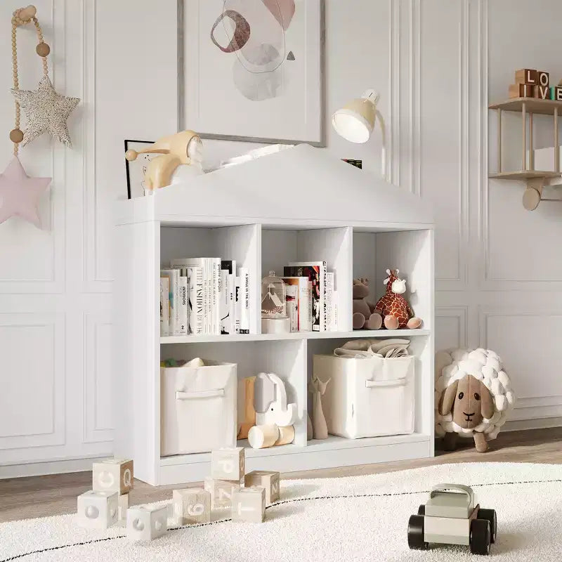Étagère à Livres pour Enfants, Organisateur de Jouets Blanc, Bibliothèque à 5 Compartiments, Maison de Jeu pour Tout-Petits, Étagère de Rangement en Bois