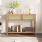 Table d'entrée en rotin avec tiroirs, console bohème pour entrée, table de canapé en bois avec rangement, console à 2 niveaux pour salons, couloir