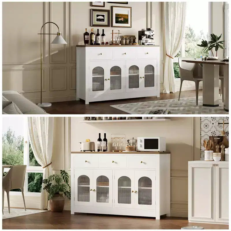 Buffet de ferme de 55 pouces avec rangement, grand buffet de cuisine étroit en bois avec 3 tiroirs et 4 portes pour bar à café