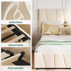 Cadre de lit double avec tête de lit réglable, 2 tiroirs de rangement et lattes en bois, revêtement en velours, sommier tapissier non requis, beige