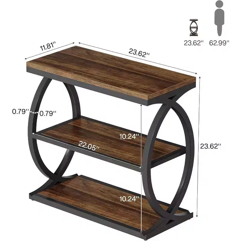 Table d'appoint à 3 niveaux Lantine, table d'appoint industrielle en bois avec cadre en métal pour chambre à coucher, salon, marron rustique