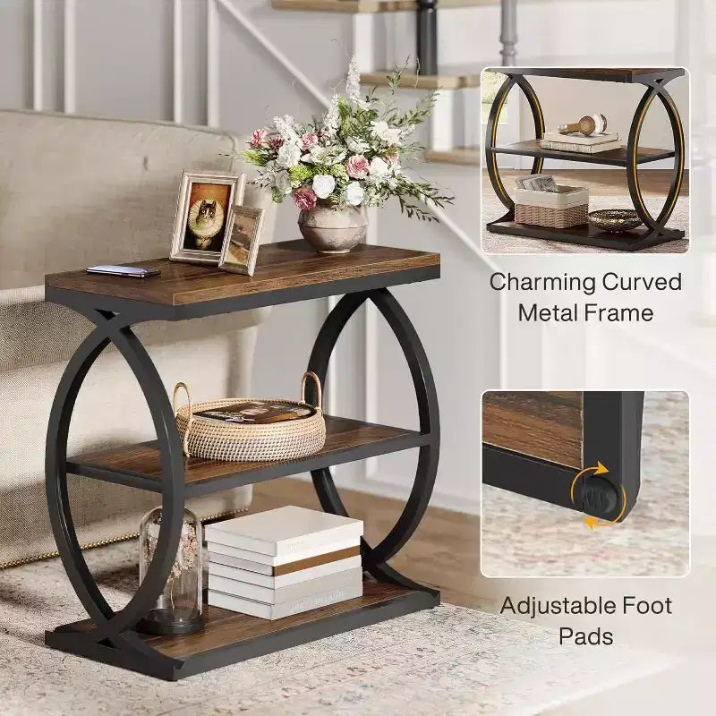 Table d'appoint à 3 niveaux Lantine, table d'appoint industrielle en bois avec cadre en métal pour chambre à coucher, salon, marron rustique