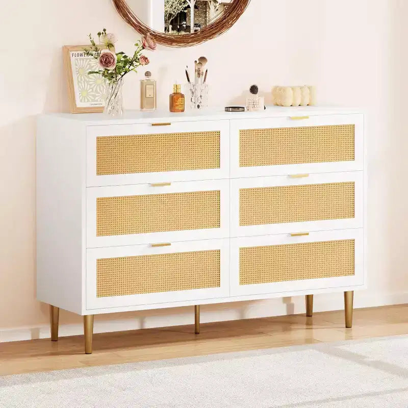 Commode 6 tiroirs en rotin - Commode de rangement moderne avec accents dorés pour chambre et salon