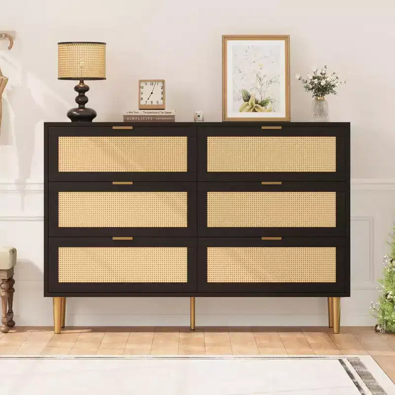 Commode 6 tiroirs en rotin - Commode de rangement moderne avec accents dorés pour chambre et salon