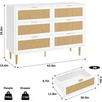 Commode 6 tiroirs en rotin - Commode de rangement moderne avec accents dorés pour chambre et salon