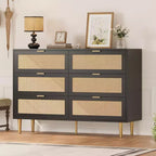 6-Drawer Rattan Dresser - Gold Accent Modern Storage Chest for Bedroom & Living Room