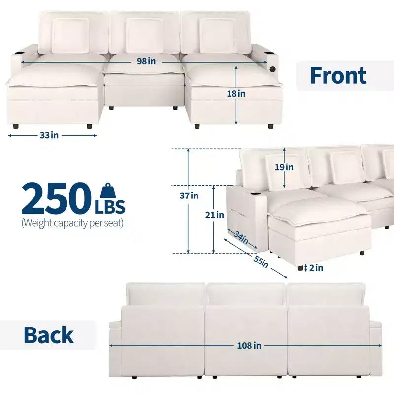 Canapé modulable de 274 cm, canapé d'angle en U surdimensionné, canapé moderne en chenille avec assise extra profonde, canapé convertible 6 places, beige