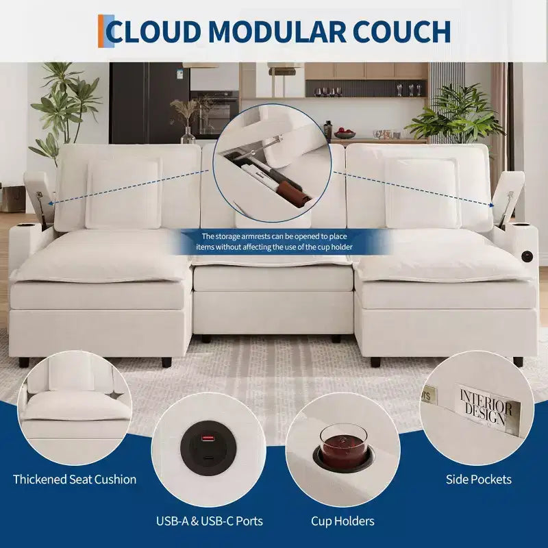 Canapé modulable de 274 cm, canapé d'angle en U surdimensionné, canapé moderne en chenille avec assise extra profonde, canapé convertible 6 places, beige