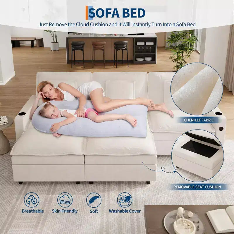 Canapé modulable de 274 cm, canapé d'angle en U surdimensionné, canapé moderne en chenille avec assise extra profonde, canapé convertible 6 places, beige