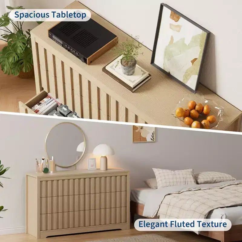 COZONY Commode Moderne Flutée à 6 Tiroirs Meuble TV en Bois sans Poignées et Organisateur de Rangement Profond pour Chambre, Salon et Couloir, Chêne Naturel