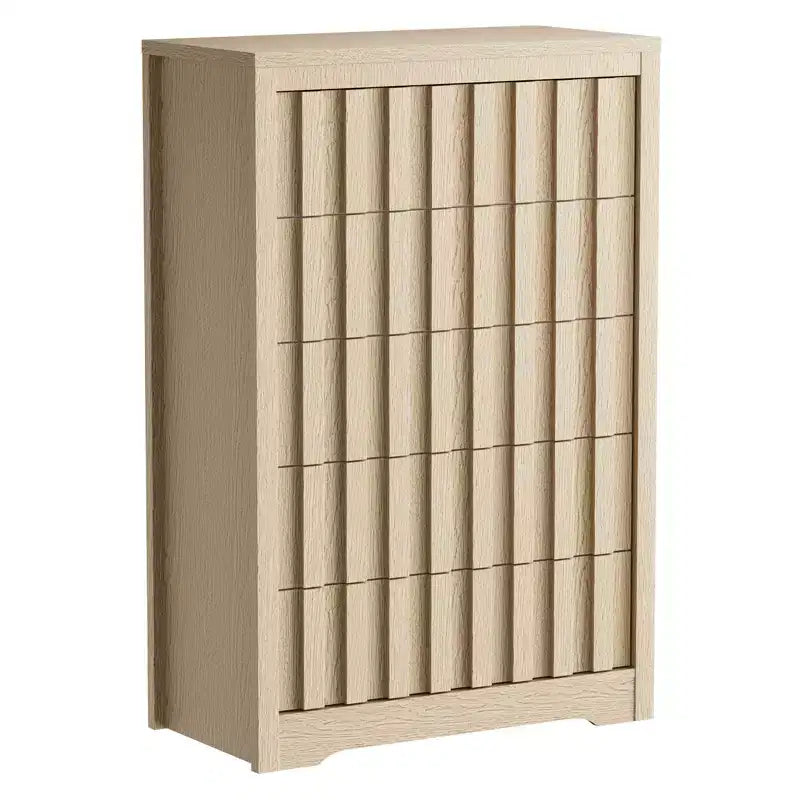 Commode moderne COZONY en bois à 5 tiroirs cannelés et sans poignées, avec rangement profond pour chambre, salon et couloir, Chêne Naturel