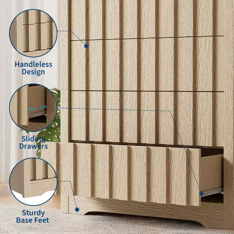 Commode moderne COZONY en bois à 5 tiroirs cannelés et sans poignées, avec rangement profond pour chambre, salon et couloir, Chêne Naturel