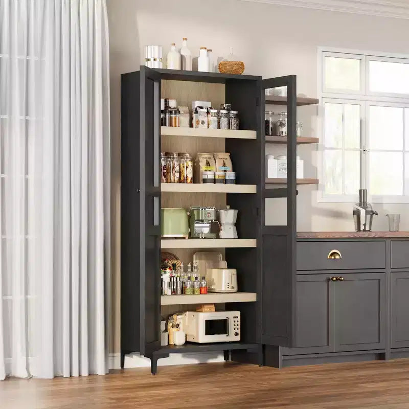 GustoWave Armoire de rangement haute de 160 cm avec portes en verre, meuble de cuisine à 5 niveaux, étagères réglables pour cuisine, salle à manger, salle de bain