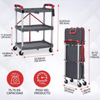 Chariot utilitaire pliable à roulettes, desserte à 3 niveaux avec roues verrouillables et capacité de 76 kg, chariot pliable pour maison, bureau, garage, entrepôt