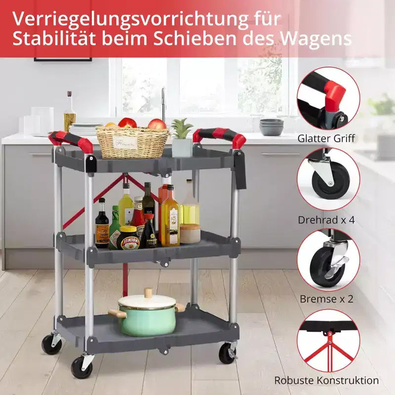 Chariot utilitaire pliable à roulettes, desserte à 3 niveaux avec roues verrouillables et capacité de 76 kg, chariot pliable pour maison, bureau, garage, entrepôt