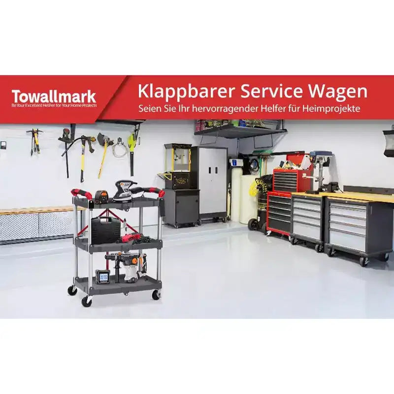 Chariot utilitaire pliable à roulettes, desserte à 3 niveaux avec roues verrouillables et capacité de 76 kg, chariot pliable pour maison, bureau, garage, entrepôt