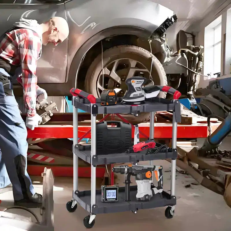 Chariot utilitaire pliable à roulettes, desserte à 3 niveaux avec roues verrouillables et capacité de 76 kg, chariot pliable pour maison, bureau, garage, entrepôt