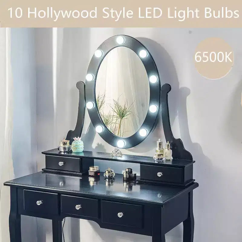 Coiffeuse moderne avec miroir LED, 5 tiroirs de rangement, tabouret moelleux, conception convertible, assemblage rapide