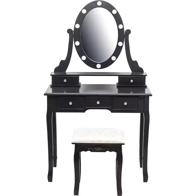 Coiffeuse moderne avec miroir LED, 5 tiroirs de rangement, tabouret moelleux, conception convertible, assemblage rapide