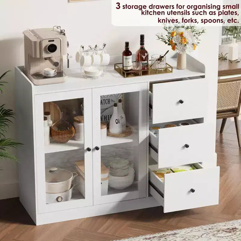 Buffet bas blanc 43 avec tiroirs et étagères réglables, et un garde-corps pour la cuisine, la salle à manger et le salon