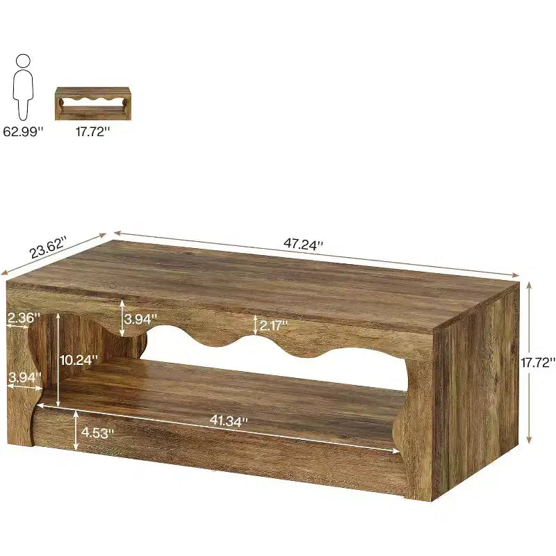 Lantine - Table basse en bois de 47,24 pouces, table d'appoint rectangulaire à 2 niveaux avec étagère de rangement ouverte pour salon