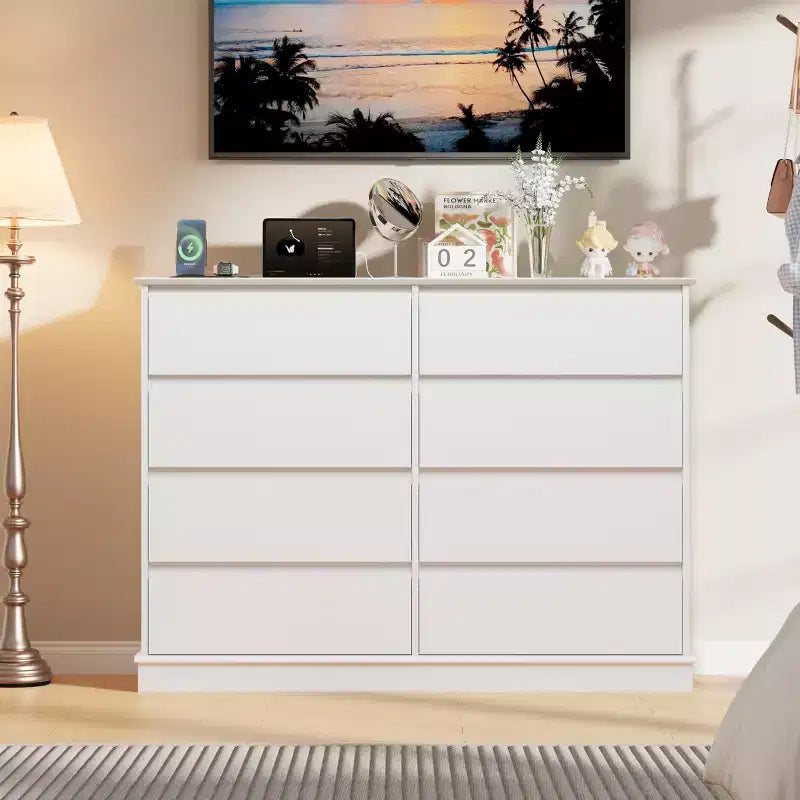 Commode double COZONY 51 po de large à 8 tiroirs – Grande commode horizontale avec tiroirs profonds et plateau large pour chambre, dressing, salon et couloir