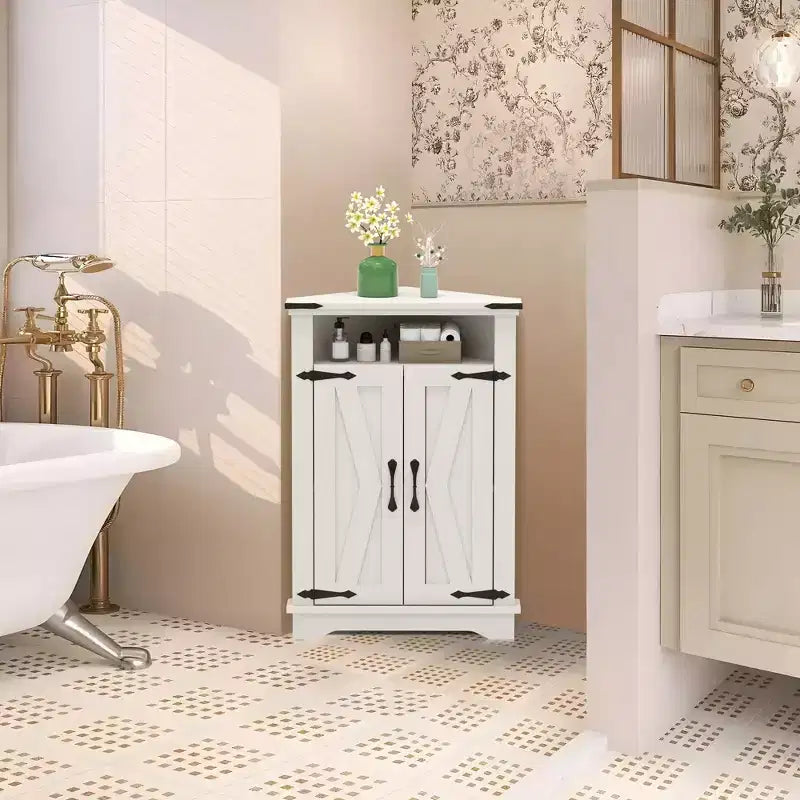 Meuble d'angle de salle de bain GustoWave, petit meuble d'angle avec portes coulissantes et étagère réglable, table de salle de bain de style ferme avec rangement pour petits espaces