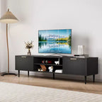 Meuble TV noir, Meuble de divertissement moderne du milieu du siècle avec 2 grands placards de rangement, Table console multimédia, Charnière souple, Porte à poignée métallique