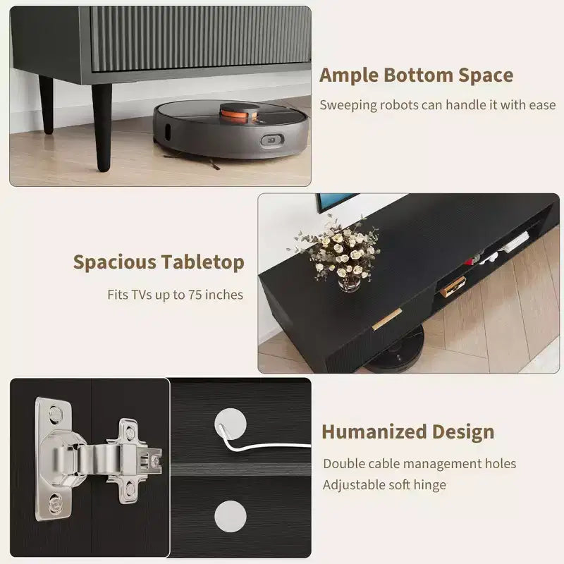 Meuble TV noir, Meuble de divertissement moderne du milieu du siècle avec 2 grands placards de rangement, Table console multimédia, Charnière souple, Porte à poignée métallique