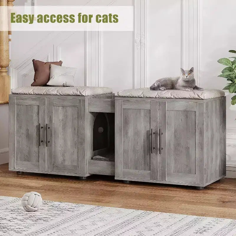 Meuble Cache Litière Acekool pour Chat, Grande Maison de Toilette Dissimulée avec Griffoir et Plateau de Rangement, 140 cm