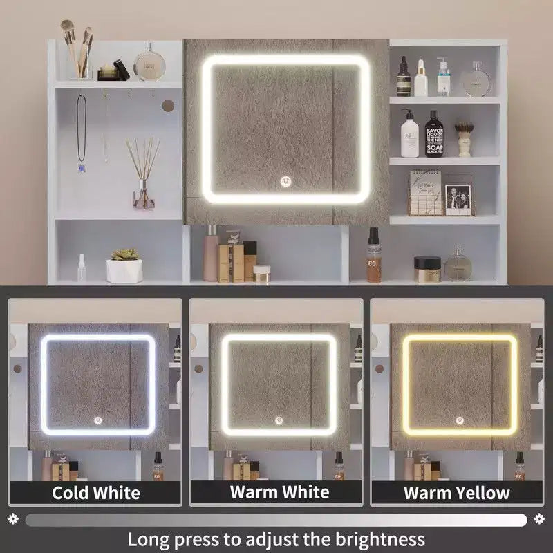 Ensemble de coiffeuse en panneaux de particules de lin blanc avec plateau en verre trempé Triamine