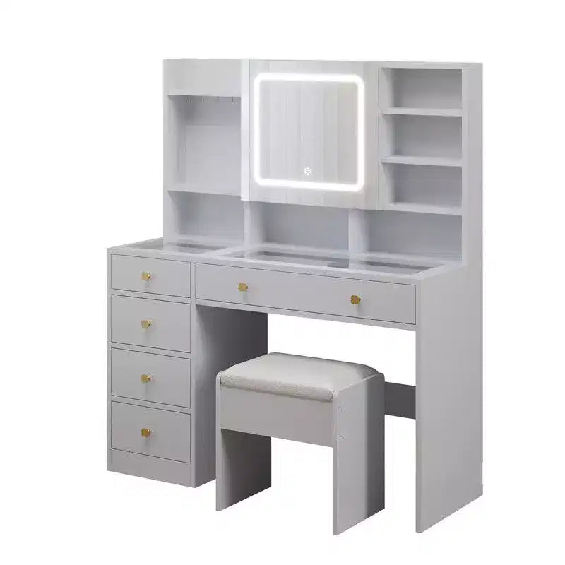 Ensemble de coiffeuse en panneaux de particules de lin blanc avec plateau en verre trempé Triamine