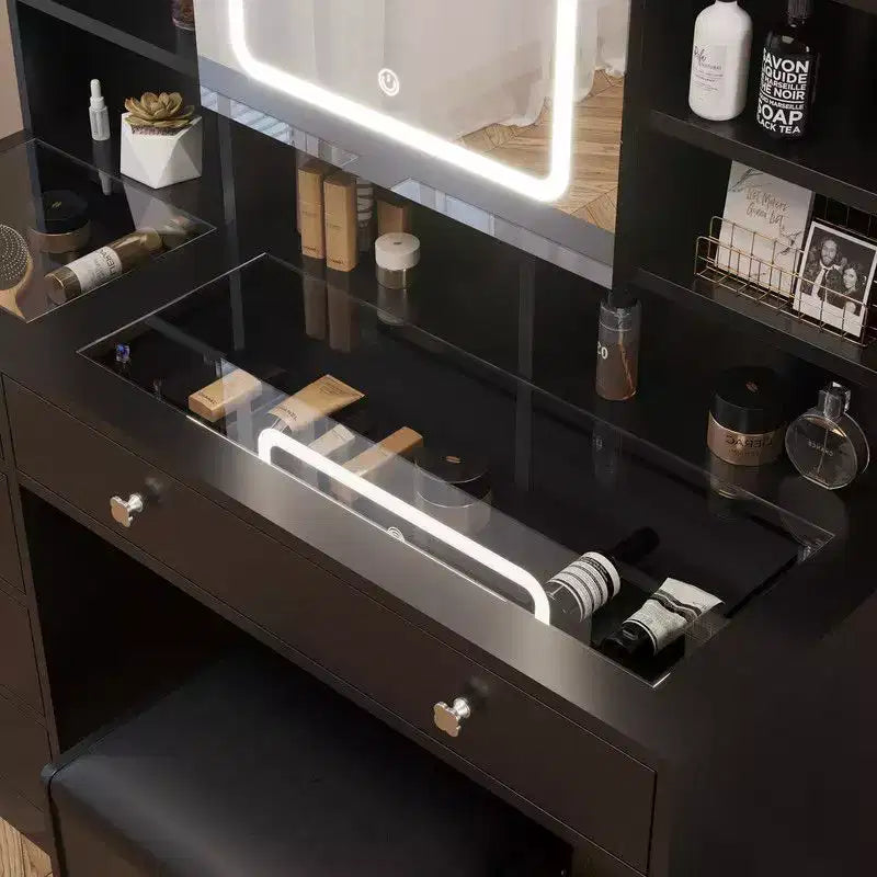 Ensemble de coiffeuse en panneaux de particules de lin blanc avec plateau en verre trempé Triamine