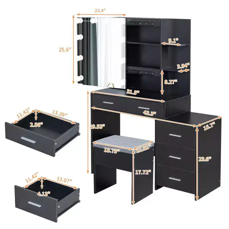 Table de toilette avec miroir et ampoules LED à trois couleurs dimmables, armoire de rangement coulissante, 5 tiroirs et 2 étagères, en panneaux de particules de lin noir avec triclosan