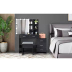 Table de toilette avec miroir et ampoules LED à trois couleurs dimmables, armoire de rangement coulissante, 5 tiroirs et 2 étagères, en panneaux de particules de lin noir avec triclosan