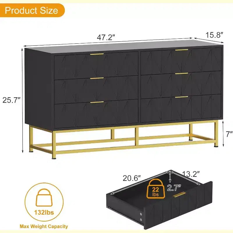 Commode 6 tiroirs Coolmee, tiroirs de commode modernes, organisateur de tiroirs avec pieds en métal, armoire de rangement pour chambre, salon, couloir, placard