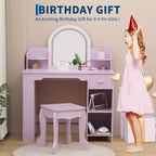 Coiffeuse GustoWave pour enfants avec miroir et tabouret, bibliothèque, tiroir de rangement et étagères pour filles de 3 à 9 ans, violet