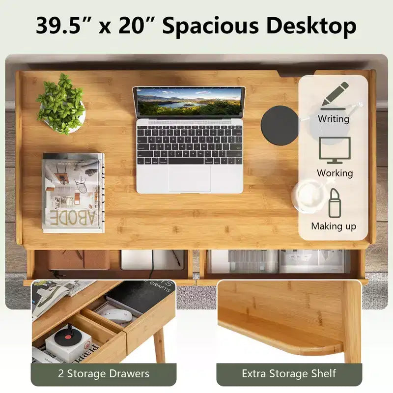 Costway Bureau en Bambou 39.5 Table d'Étude Informatique avec 2 Tiroirs de Rangement et Étagère Ouverte