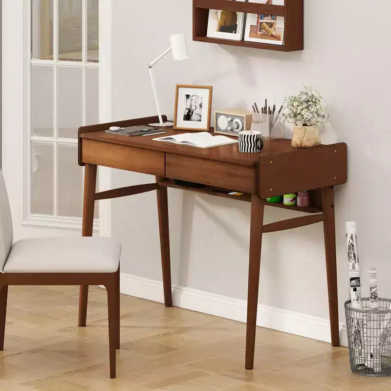 Costway Bureau en Bambou 39.5 Table d'Étude Informatique avec 2 Tiroirs de Rangement et Étagère Ouverte