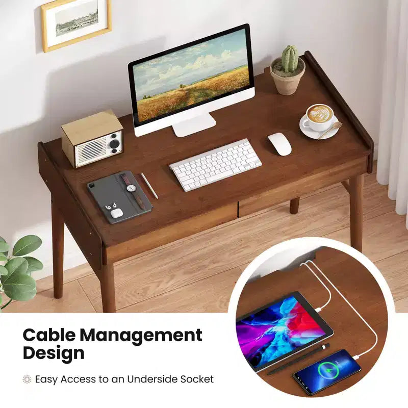 Costway Bureau en Bambou 39.5 Table d'Étude Informatique avec 2 Tiroirs de Rangement et Étagère Ouverte