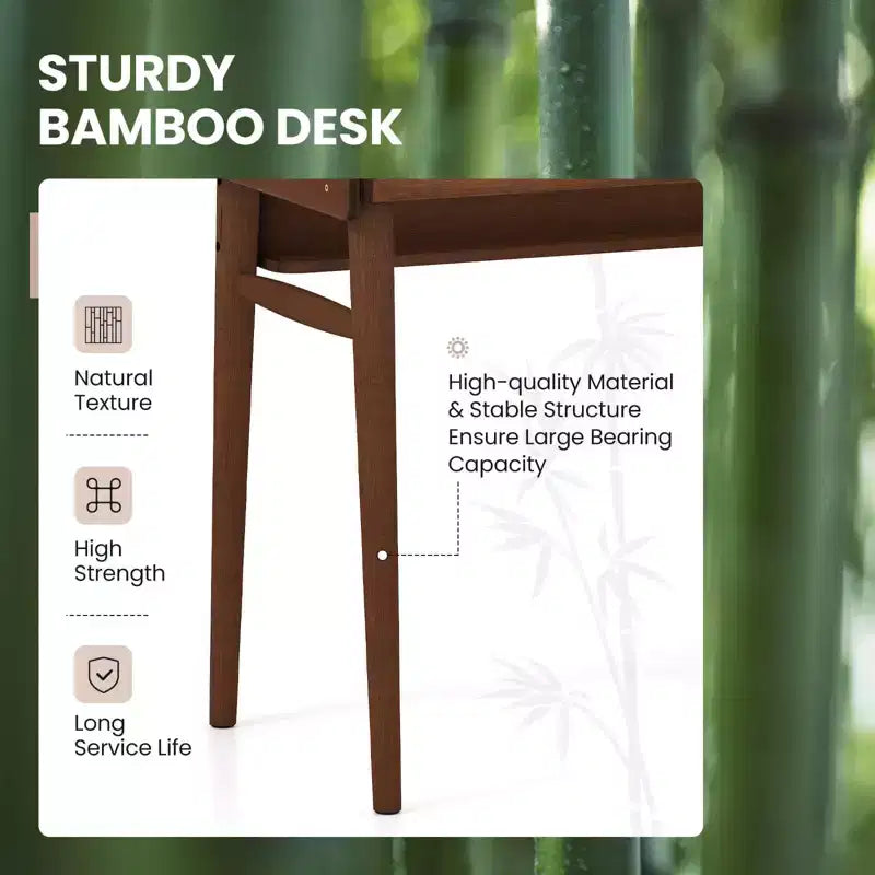 Costway Bureau en Bambou 39.5 Table d'Étude Informatique avec 2 Tiroirs de Rangement et Étagère Ouverte