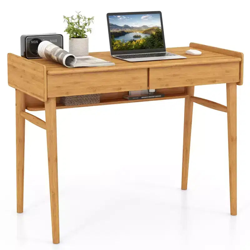 Costway Bureau en Bambou 39.5 Table d'Étude Informatique avec 2 Tiroirs de Rangement et Étagère Ouverte