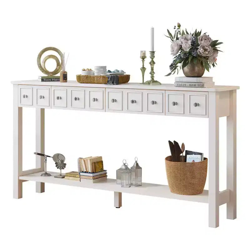 2 Tiers with 4 Drawers MDF Board 152.5*28*86.4cm Vintage White Entryway Table